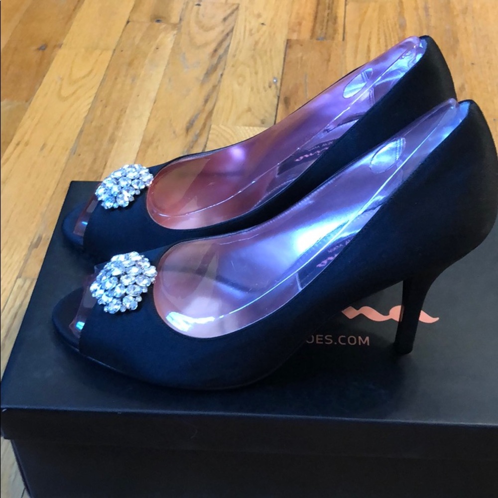 Black Satin Peep Toe 2 inch heels
